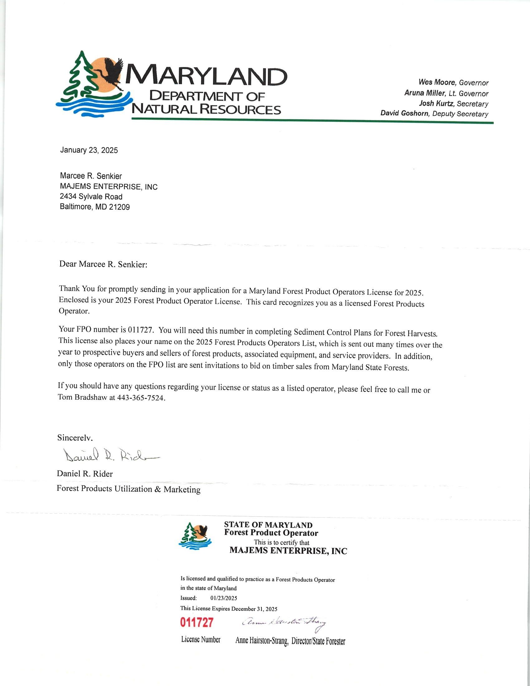 A letter from the Maryland Department of Natural Resources certifying that A-AAA Tree Service has sent an application for a Maryland Forest Product Operators License.