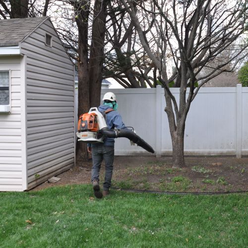 A-AAA-Website-clearing-section-leaf-blowing A member of the A-AAA Tree Service team using a leaf blower to remove debris after a tree trimming job in the Greater Baltimore Area.