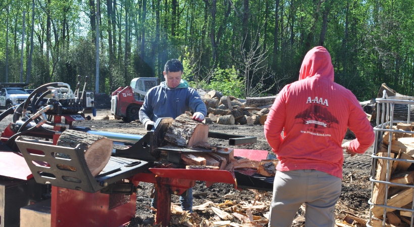 Local workers processing firewood with professional equipment creating jobs in the Greater Baltimore Area.