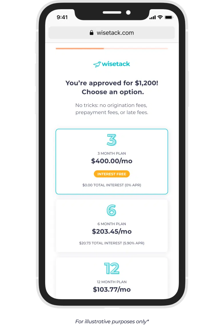 Wisetack-product-offer-screen.png A phone screen showing the user interface for Wisetack.