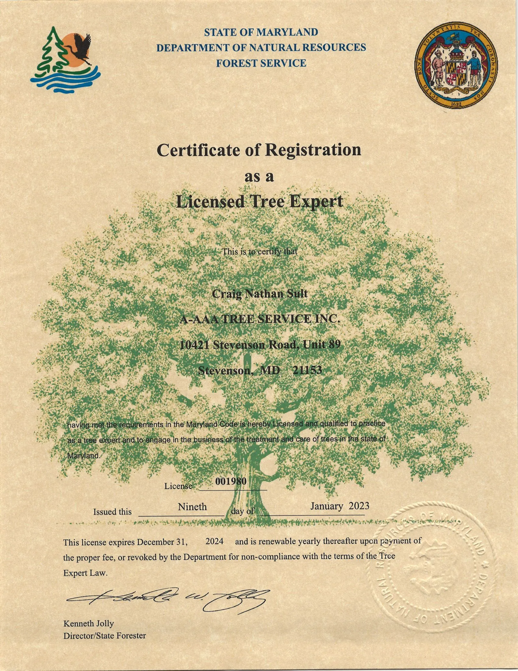 A certificate demonstrating that Craig Nathan Sult is a Licensed Tree Expert.
