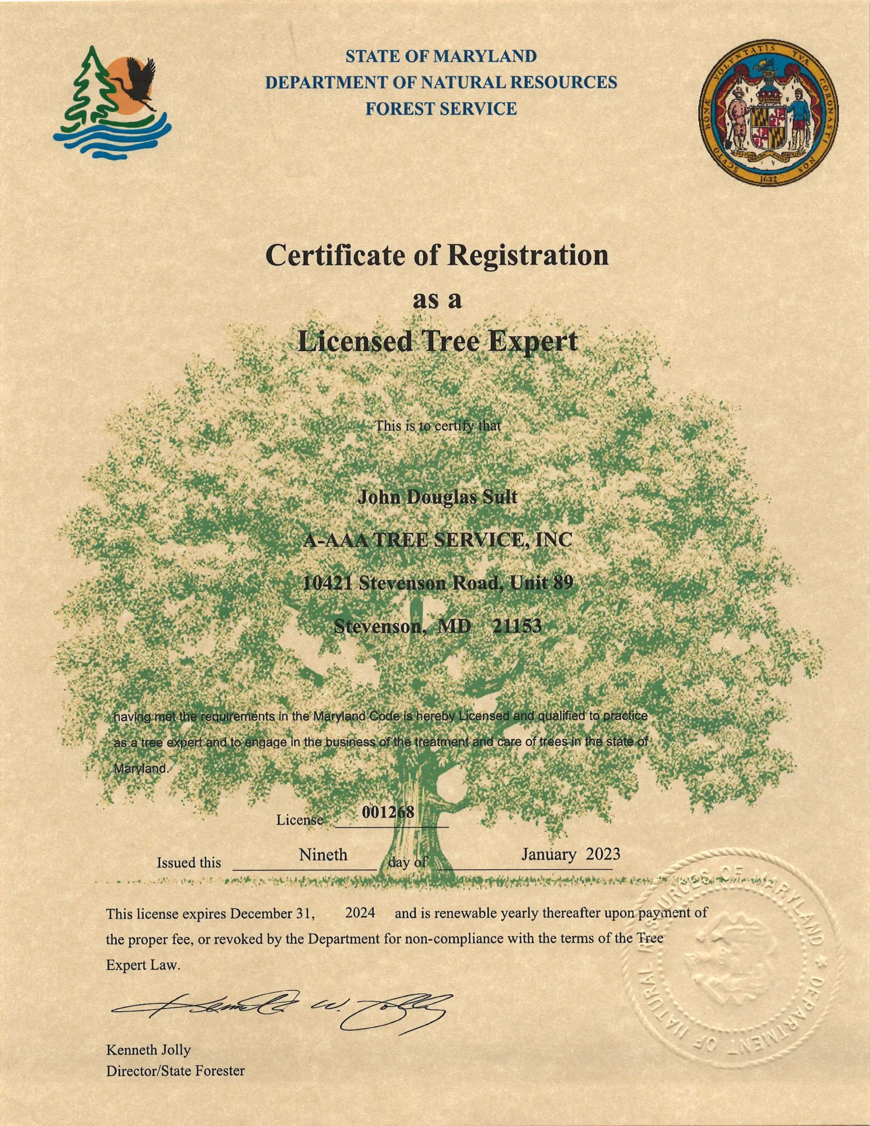 A certificate demonstrating that John Douglas Sult is a Licensed Tree Expert.