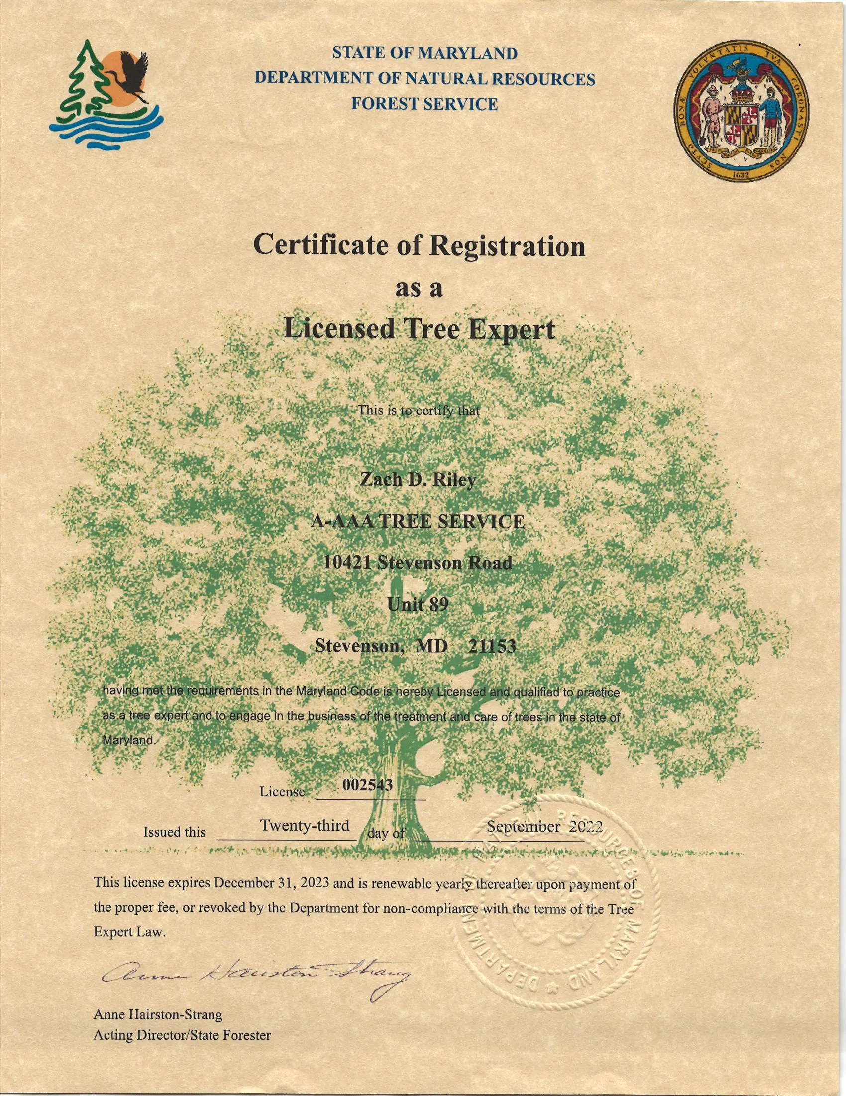 A certificate demonstrating that Zach D. Riley is a Licensed Tree Expert.