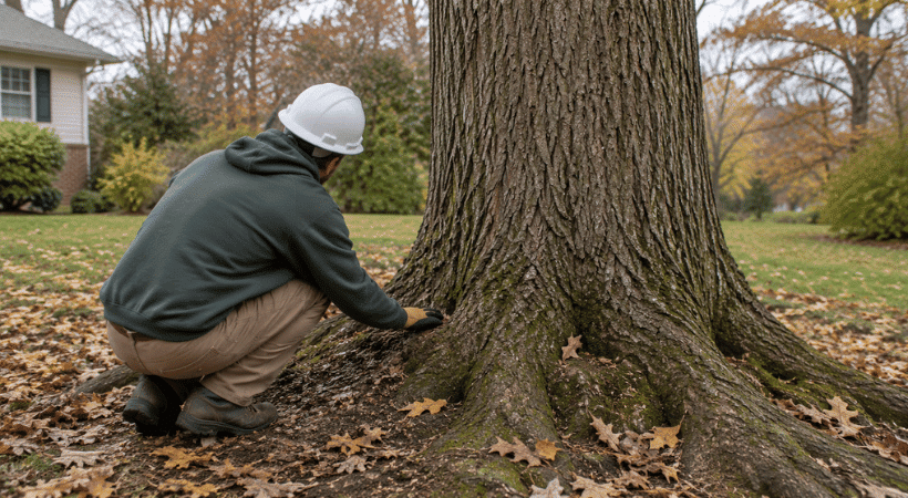 A ground-level look at the trunk base and root flare helps catch early decay and girdling roots. Licensed tree expert examining the base and root flare of a large tree in a Maryland yard.