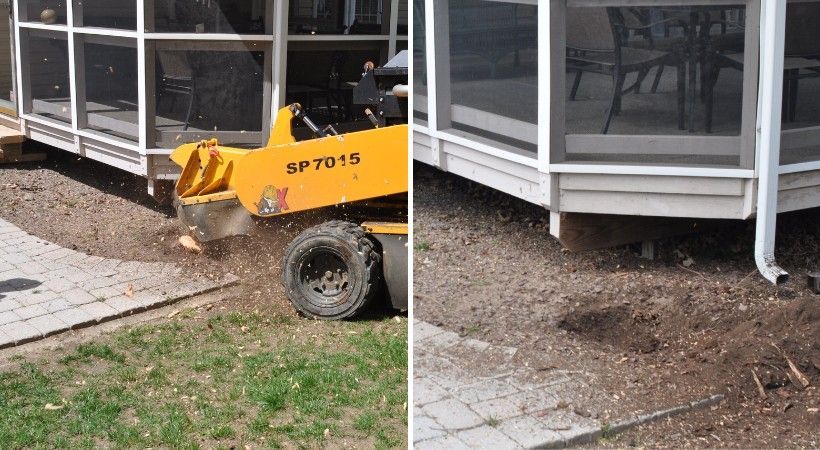 Stump grinder clearing a stump near a patio, shown next to the same spot leveled and filled in afterward.
